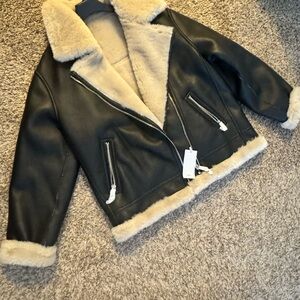 Women's Black and Cream Shearling Jacket- new with tags